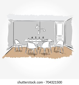 Linear sketch of an interior. Sketch Line dining room . Vector illustration.outline sketch drawing perspective of a interior space