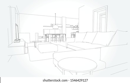 Linear sketch of an interior. Sketch Line living room . Vector illustration.outline sketch drawing perspective of a interior space