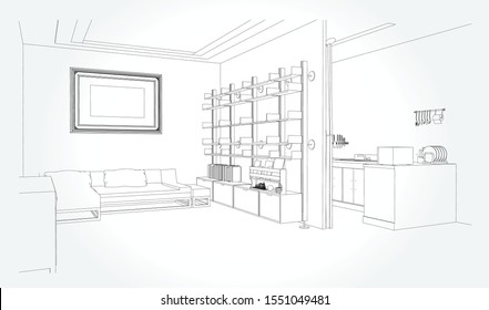 Linear sketch of an interior. Sketch Line living room . Vector illustration.outline sketch drawing perspective of a interior space