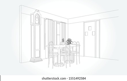 Linear sketch of an interior. Sketch Line living room . Vector illustration.outline sketch drawing perspective of a interior space