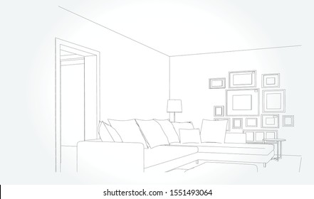 Linear sketch of an interior. Sketch Line living room . Vector illustration.outline sketch drawing perspective of a interior space