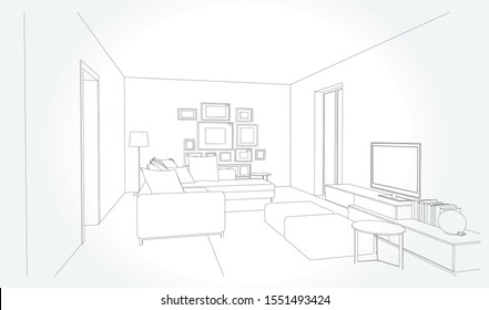 Linear sketch of an interior. Sketch Line living room . Vector illustration.outline sketch drawing perspective of a interior space