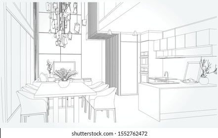 Linear sketch of an interior. Sketch Line living room . Vector illustration.outline sketch drawing perspective of a interior space