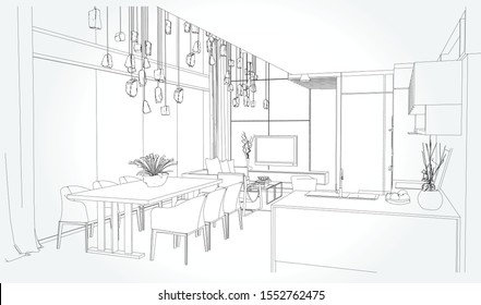 Linear sketch of an interior. Sketch Line living room . Vector illustration.outline sketch drawing perspective of a interior space