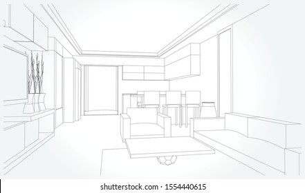 Lineare Skizze eines Innenraums. Wohnzimmer Sketch Line . Vektorgrafik.Rahmenskizzenzeichnung Perspektive eines Innenraums