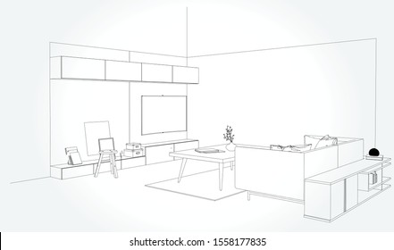 Linear Sketch Of An Interior. Sketch Line Living Room . Vector Illustration.outline Sketch Drawing Perspective Of A Interior Space