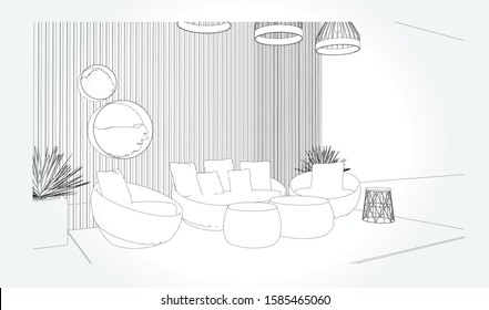 Linear sketch of an interior. Sketch Line living room . Vector illustration.outline sketch drawing perspective of a interior space