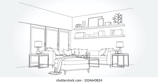 Linear sketch of an interior. Living room plan. Sketch Line sofa set. Vector illustration.outline sketch drawing perspective of a interior space.