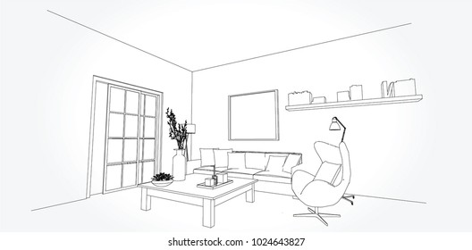 Linear sketch of an interior. Living room plan. Sketch Line sofa set. Vector illustration.outline sketch drawing perspective of a interior space.