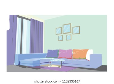Linear sketch of an interior. Living room plan. Sketch Line sofa set. Vector illustration.outline sketch drawing perspective of a interior space.Colourful concept.