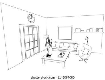 Linear sketch of an interior. Living room plan. Sketch Line sofa set. illustration.outline sketch drawing perspective of a interior space.draw and painted color.
