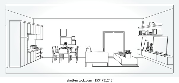 Linear sketch of an interior. Living room plan. Sketch Line sofa set. Vector illustration.outline sketch drawing perspective of a interior space.