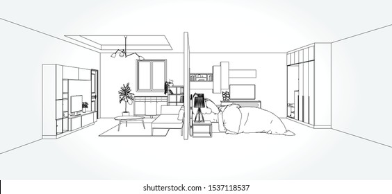 Linear sketch of an interior. Living room and bedroom drawing plan. Sketch Line sofa set. Vector illustration.outline sketch drawing perspective of a interior space.