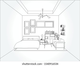 Linear sketch of an interior. Living room and bedroom drawing plan. Sketch Line sofa set. Vector illustration.outline sketch drawing perspective of a interior space.