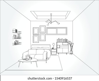 Linear sketch of an interior. Living room and bedroom drawing plan. Sketch Line sofa set. Vector illustration.outline sketch drawing perspective of a interior space.
