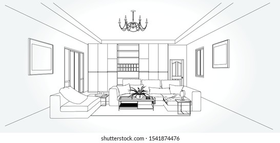 Linear sketch of an interior. Living room and bedroom drawing plan. Sketch Line sofa set. Vector illustration.outline sketch drawing perspective of a interior space.