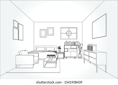 Linear sketch of an interior. Living room and bedroom drawing plan. Sketch Line sofa set. Vector illustration.outline sketch drawing perspective of a interior space.