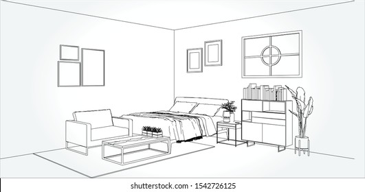 Linear sketch of an interior. Living room and bedroom drawing plan. Sketch Line sofa set. Vector illustration.outline sketch drawing perspective of a interior space.