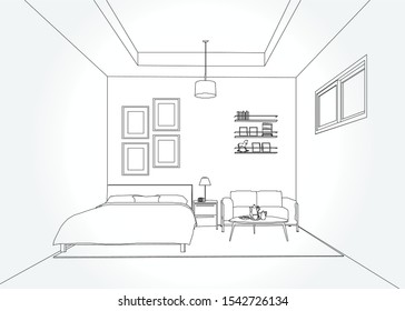 Linear sketch of an interior. Living room and bedroom drawing plan. Sketch Line sofa set. Vector illustration.outline sketch drawing perspective of a interior space.