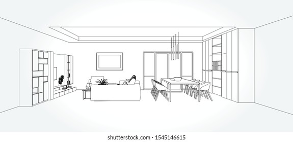 Linear sketch of an interior. Living room and bedroom drawing plan. Sketch Line sofa set. Vector illustration.outline sketch drawing perspective of a interior space.