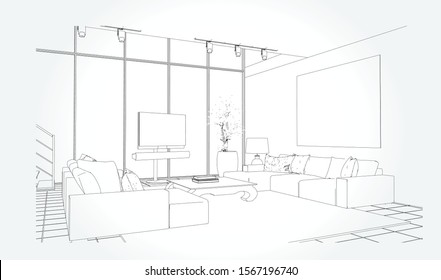 Linear sketch of an interior. Living room plan. Sketch Line sofa set. Vector illustration.outline sketch drawing perspective of a interior space.