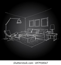 Linear sketch of an interior. Living room plan. Sketch Line sofa set. Vector illustration.outline sketch drawing perspective of a interior space.