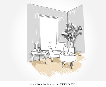 Linear sketch of an interior. Living room plan. Sketch Line sofa set. Vector illustration.outline sketch drawing perspective of a interior space.color painted brush style.