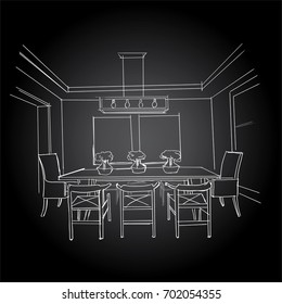 Linear sketch of an interior. Living room plan. Sketch Line sofa set. illustration.outline sketch drawing perspective of a interior space.draw and painted color.
