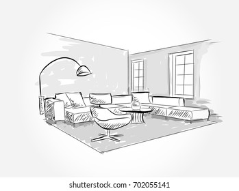 Linear sketch of an interior. Living room plan. Sketch Line sofa set. illustration.outline sketch drawing perspective of a interior space.draw and painted color.