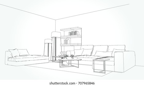 Linear sketch of an interior. Living room plan. Sketch Line sofa set. Vector illustration.outline sketch drawing perspective of a interior space.