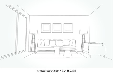 Linear sketch of an interior. Living room plan. Sketch Line sofa set. illustration.outline sketch drawing perspective of a interior space.draw and painted color.