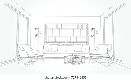 Linear sketch of an interior. Living room plan. Sketch Line sofa set. Vector illustration.outline sketch drawing perspective of a interior space.