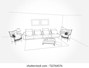 Linear sketch of an interior. Living room plan. Sketch Line sofa set. Vector illustration.outline sketch drawing perspective of a interior space.