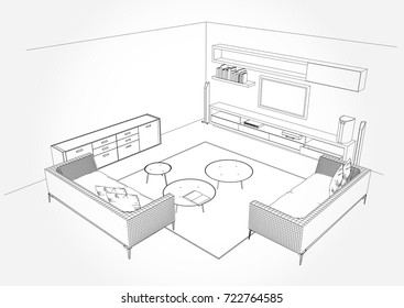 Linear sketch of an interior. Living room plan. Sketch Line sofa set. Vector illustration.outline sketch drawing perspective of a interior space.