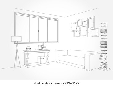 Linear sketch of an interior. Living room plan. Sketch Line sofa set. Vector illustration.outline sketch drawing perspective of a interior space.