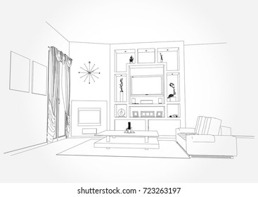 Linear sketch of an interior. Living room plan. Sketch Line sofa set. Vector illustration.outline sketch drawing perspective of a interior space.