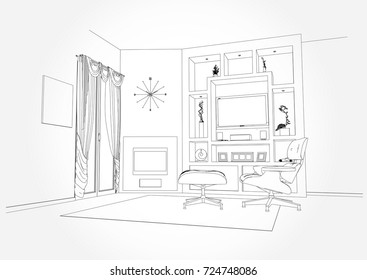 Linear sketch of an interior. Living room plan. Sketch Line sofa set. illustration.outline sketch drawing perspective of a interior space.draw and painted color.