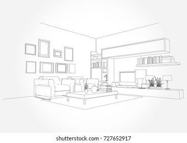 Linear sketch of an interior. Living room plan. Sketch Line sofa set. illustration.outline sketch drawing perspective of a interior space.draw and painted color.