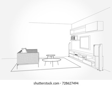 Linear sketch of an interior. Living room plan. Sketch Line sofa set. illustration.outline sketch drawing perspective of a interior space.draw and painted color.