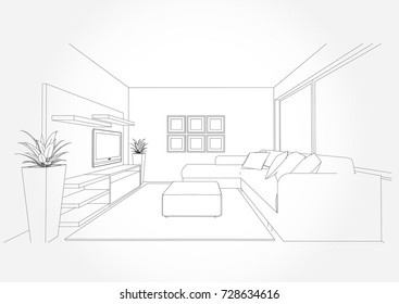 Linear sketch of an interior. Living room plan. Sketch Line sofa set. illustration.outline sketch drawing perspective of a interior space.draw and painted color.