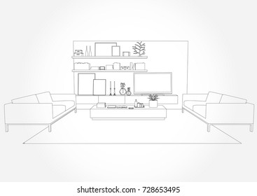 Linear sketch of an interior. Living room plan. Sketch Line sofa set. illustration.outline sketch drawing perspective of a interior space.draw and painted color.