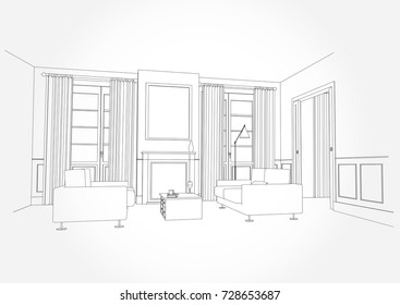 Linear sketch of an interior. Living room plan. Sketch Line sofa set. illustration.outline sketch drawing perspective of a interior space.draw and painted color.