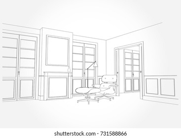 Linear sketch of an interior. Living room plan. 