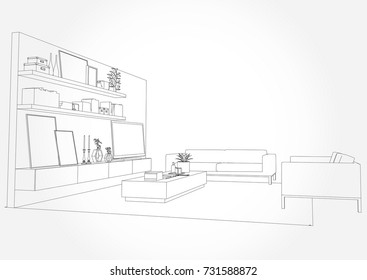 Linear Sketch Of An Interior. Living Room Plan. Sketch Line Sofa Set. 