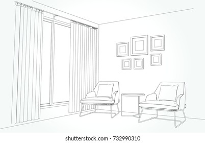 Linear sketch of an interior. Living room plan. Sketch Line sofa set. illustration.outline sketch drawing perspective of a interior space draw and painted .