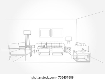 Linear sketch of an interior. Living room plan. Sketch Line sofa set. Vector illustration.outline sketch drawing perspective of a interior space.