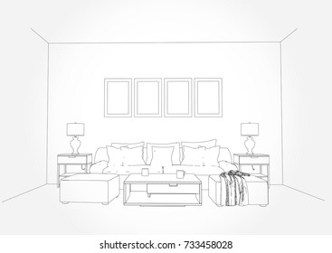 Linear sketch of an interior. Living room plan. Sketch Line sofa set. illustration.outline sketch drawing perspective of a interior space.draw and painted colour.