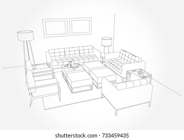 Linear sketch of an interior. Living room plan. Sketch Line sofa set. illustration.outline sketch drawing perspective of a interior space.draw and painted colour.