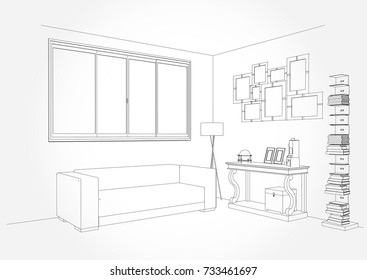 Linear sketch of an interior. Living room plan. Sketch Line sofa set. Vector illustration.outline sketch drawing perspective of a interior space.