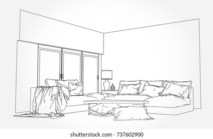 Linear sketch of an interior. Living room plan. Sketch Line sofa set. illustration.outline sketch drawing perspective of a interior space.draw and painted color.